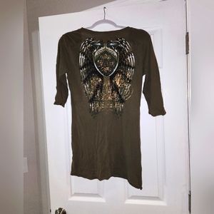 Womens Top T-Shirt Sinful Affliction V Neck 3/4 Sleeve Green Gold Wings Sz Large